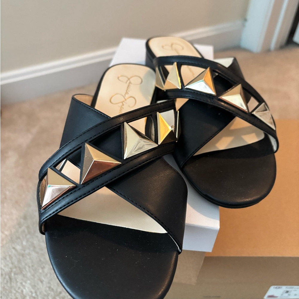 Jessica Simpson Madrie Black Sandals with Gold Accents